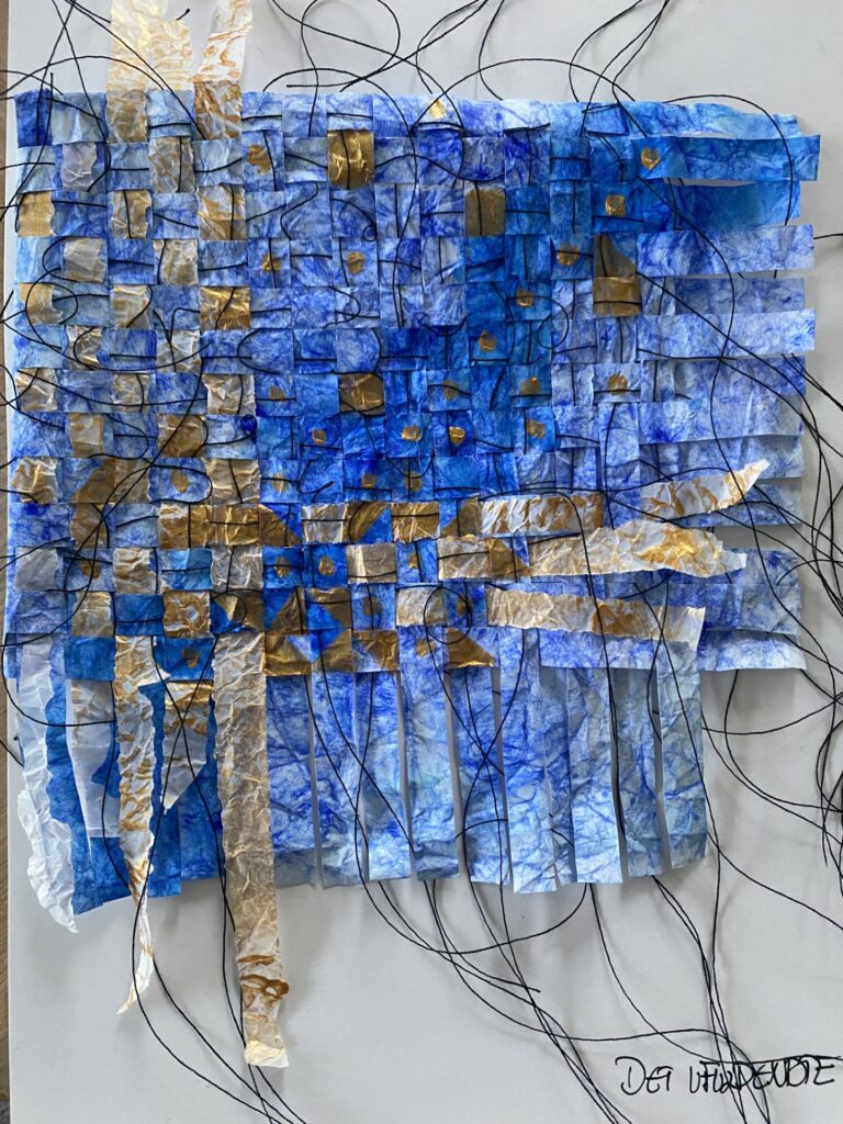 "Det ufærdige". Malet papir og tråd. Str. 28 x 38 cm. Pris DKK 1.950,-