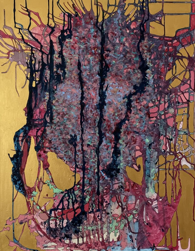 "Resonans". Akryl og tuch. Str. 70 x 90 cm. Pris DKK 4.000,-