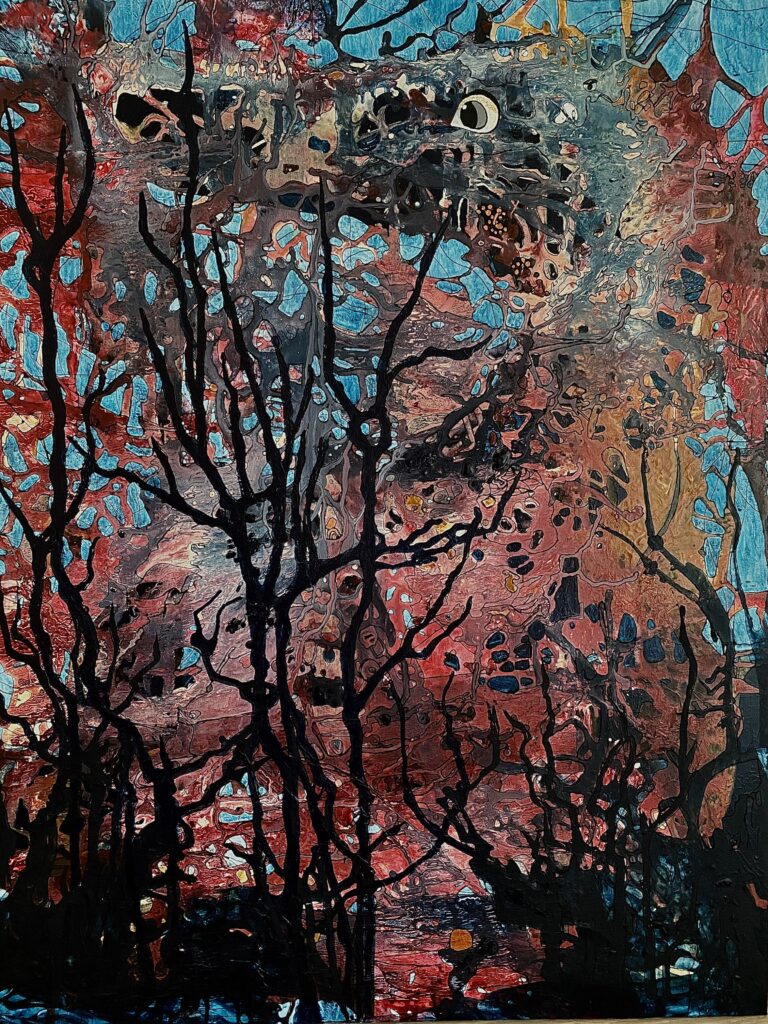 "Vogteren". Akryl, mixed media og tuch. Str. 70 x 90 cm. Pris DKK 4.000,-